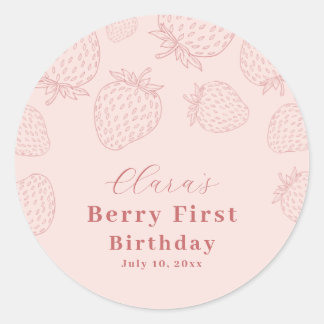 Rosa Handrawing Strawberry First Birthday Runt Klistermärke