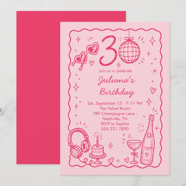 Rosa Handritad 30-årsfirande  Inbjudningar (Fram/baksida)