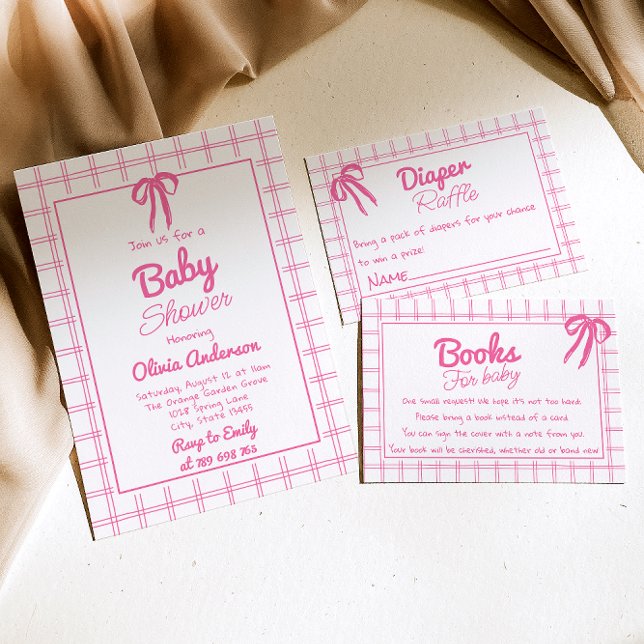 Rosa Handritad Båg Gingham Boho Flicka Bebis Badru Inbjudningar (Skapare uppladdad)