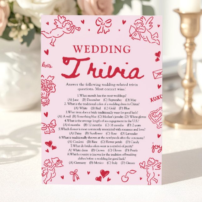 Rosa Handritad Bröllopstrivia Bröllopsduschspel Inbjudningar (Pink Hand Drawn Wedding Trivia Bridal Shower Game)