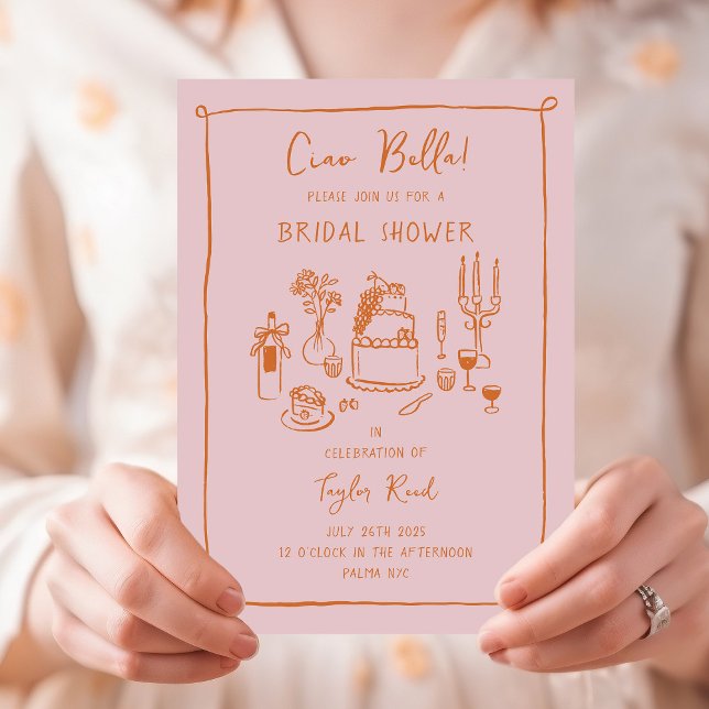 Rosa Handritad Doodle Mat Bröllopsfest Inbjudningar (Ciao Bella pink and orange bridal shower invitation with hand-drawn food and drink doodles)
