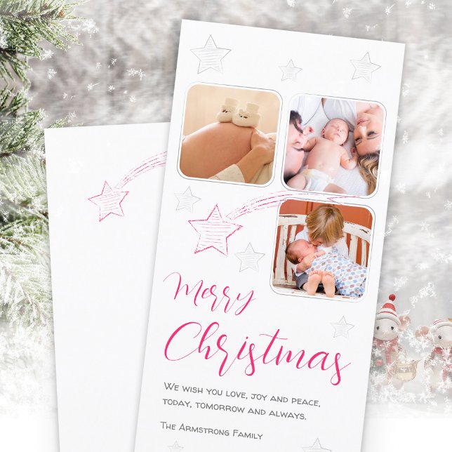 Rosa Handritad Flygande Stjärna Tre Foto Julkort (Pink Shooting Star Handdrawn 3 Photo Script Holiday Card ©Susanne Sachers - Sunny Mind Design 🌞)
