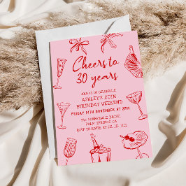 Rosa handritad funky 30-årsfest inbjudningar