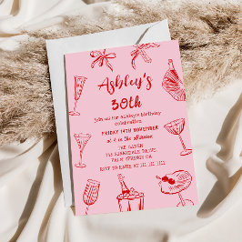 Rosa handritad funky 30-årsfest inbjudningar