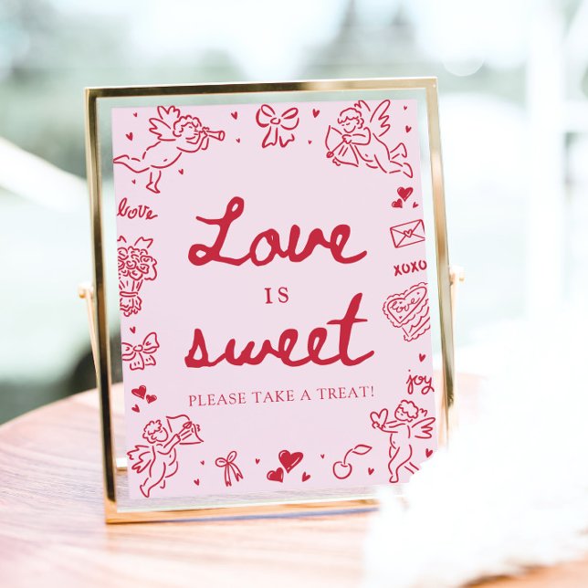 Rosa Handritad Modern Valentine Kärlek är Sött Poster (Pink Hand Drawn Modern Valentine Love is Sweet Sign)