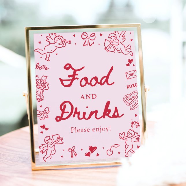 Rosa Handritad Modern Valentine Mat och Dryck Poster (Pink Hand Drawn Modern Valentine Food and Drinks Sign)