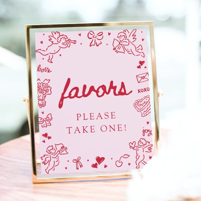 Rosa handritad modern valentinpresenter skylt (Pink Hand Drawn Modern Valentine Favors Sign)