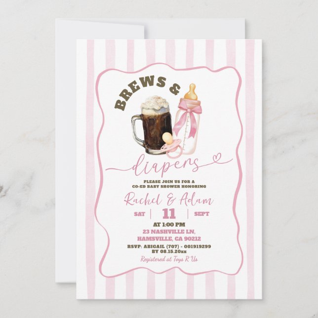 Rosa Handritad Öl & Blöjor Flicka Barnkalas Inbjudningar (Framsida)