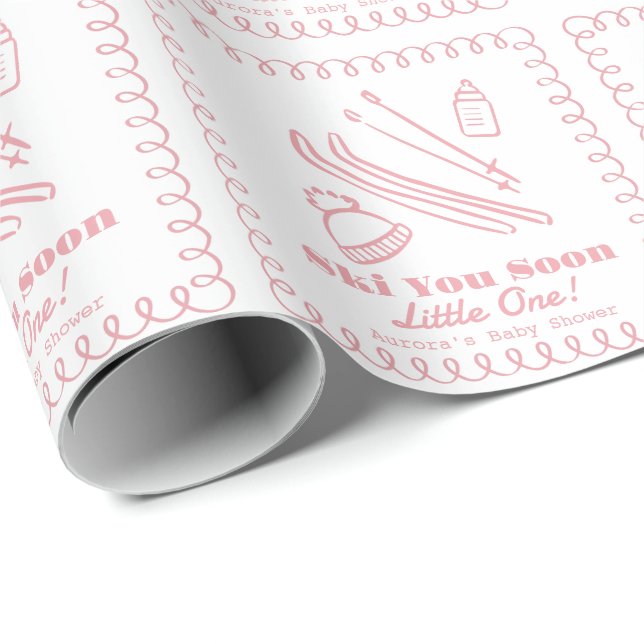 Rosa Handritad Ski You Soon Flick Baby Shower Presentpapper (Rullad Hörn)