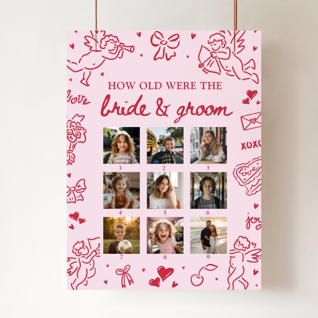 Rosa handritad skylt för bröllop & brudgum ålder (Pink Hand Drawn How Old Were Bride & Groom Sign)