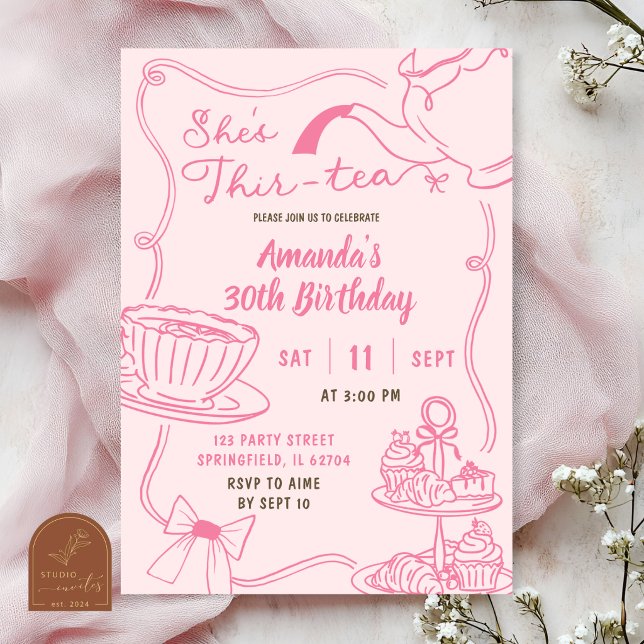 Rosa Handritad Thir-Tea 30-årsfirande Inbjudningar (Skapare uppladdad)