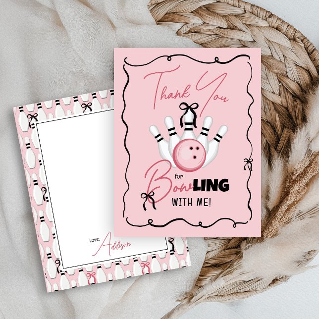 Rosa Handritade BOWling BÅGar Flickans Födelsedags Tack Kort (Cute funny pink and black coquette bows BOWling theme hand drawn custom girl birthday thank you card)