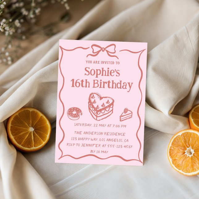 Rosa Handritade Godisar Sweet 16 Födelsedag  Inbjudningar (Skapare uppladdad)