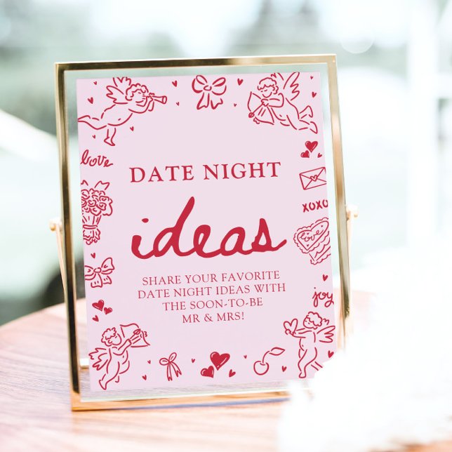 Rosa Handritade Moderna Valentinsdejts Nattidéer Poster (Pink Hand Drawn Modern Valentine Date Night Ideas Game Sign)