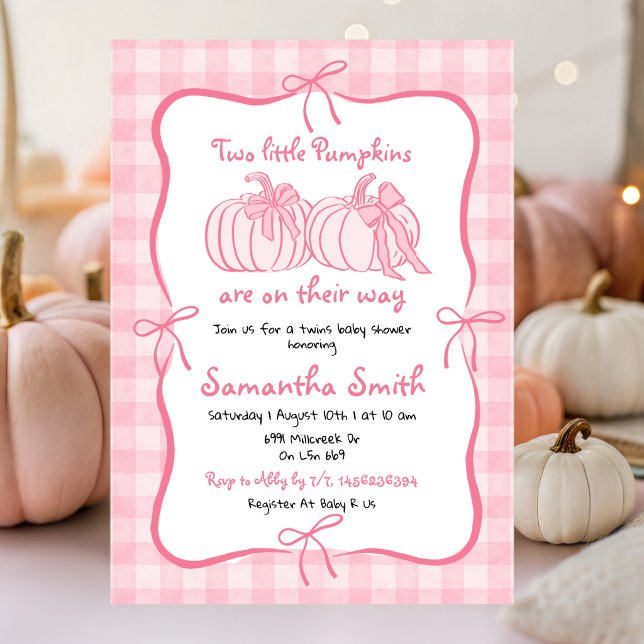 Rosa Handritade Pumpkins Tvillingar Bebis Badd Inbjudningar (Skapare uppladdad)