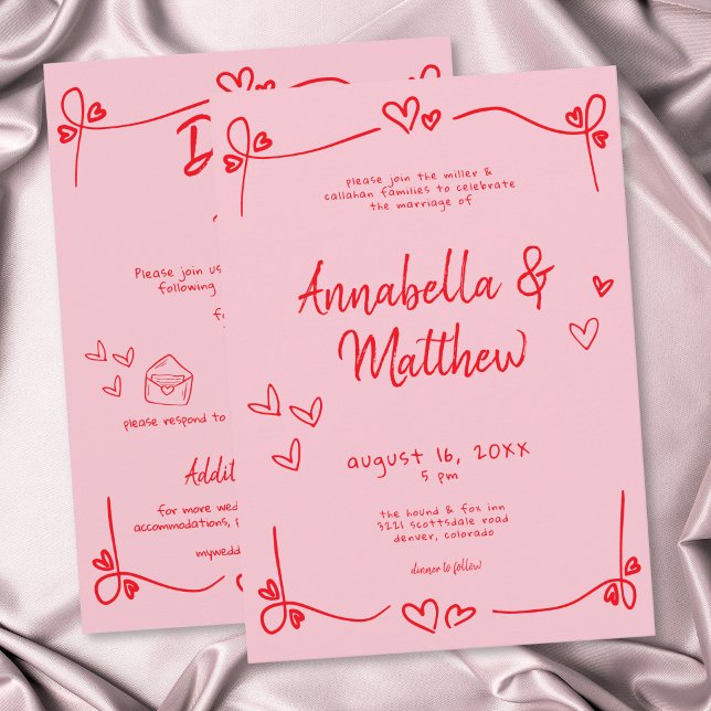 Rosa Handritat Hjärta Whimsical Modern Bröllop  Inbjudningar (Pink Hand Drawn Heart Whimsical Modern Wedding Invitation)