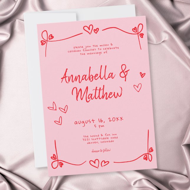 Rosa Handritat Hjärta Whimsical Modern Bröllop  Inbjudningar (Pink Hand Drawn Heart Whimsical Modern Wedding Invitation)