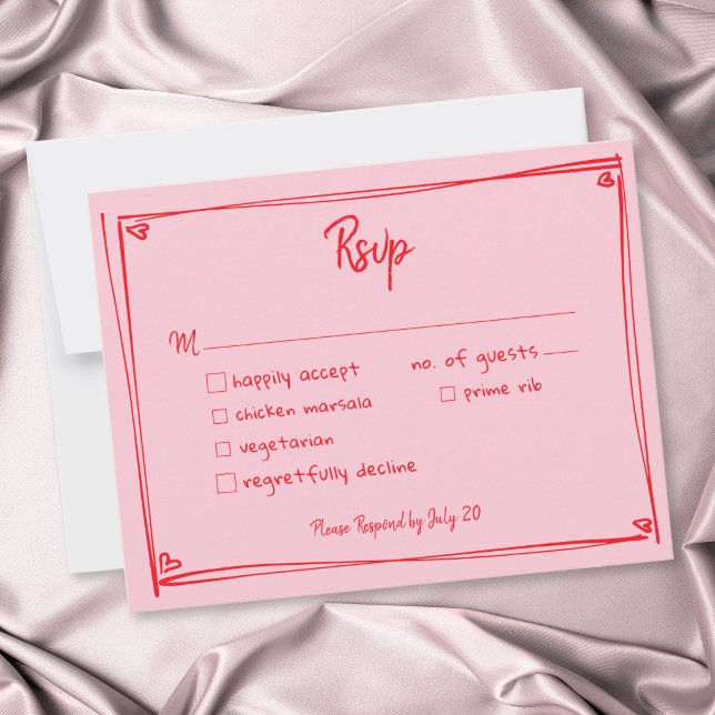 Rosa Handritat Hjärta Whimsical Modern Bröllop  OSA Kort (Pink Hand Drawn Heart Whimsical Modern Wedding RSVP Card)