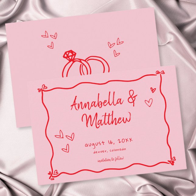 Rosa Handritat Hjärta Whimsical Modern Bröllop  Spara Datumet (Pink Hand Drawn Heart Whimsical Modern Wedding Save The Date)