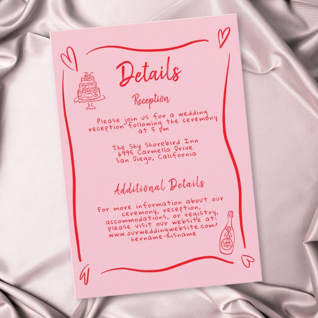 Rosa Handritat Hjärta Whimsical Modern Bröllop Tilläggskort (Pink Hand Drawn Heart Whimsical Modern Wedding Enclosure Card)