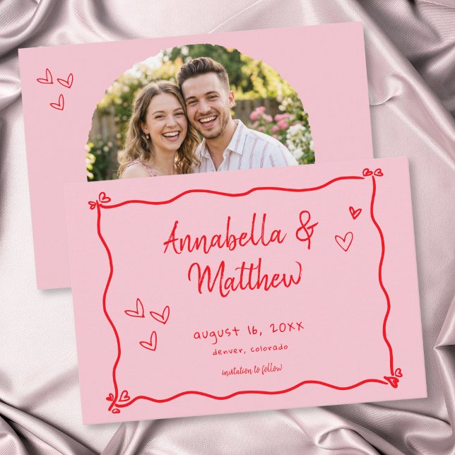 Rosa Handritat Hjärta Whimsical Modern Foto  Spara Datumet (Pink Hand Drawn Heart Whimsical Modern Wedding Photo Save The Date)