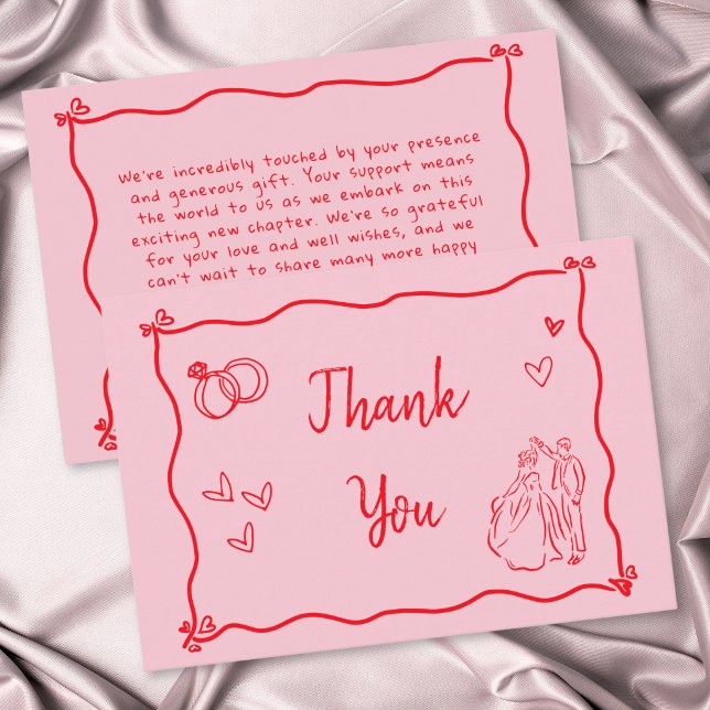 Rosa Handritat Hjärta Whimsisk Modern Tack Kort (Pink Hand Drawn Heart Whimsical Modern Thank You Card)
