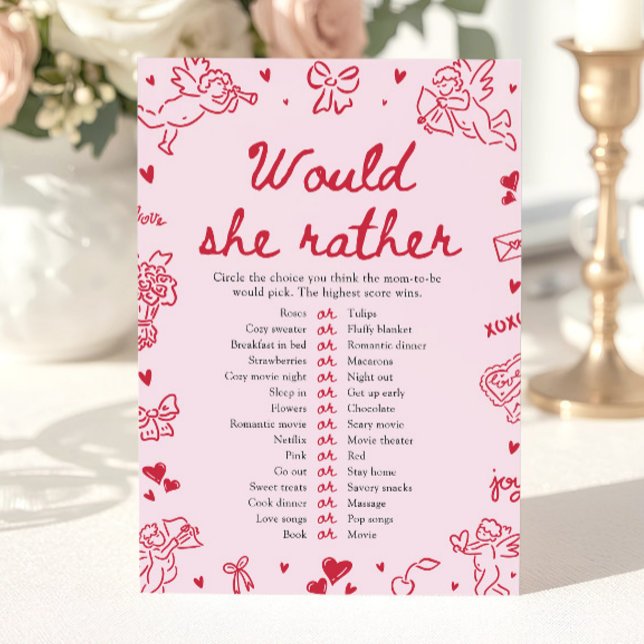 Rosa Handritat 'Would She Rather' Baby Shower-spel Inbjudningar (Pink Hand Drawn Would She Rather Baby Shower Game)