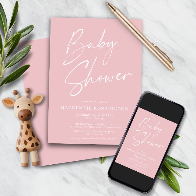  Rosa Handskript Flicka Shower Inv Inbjudningar (Blush Pink Handwritten Script Baby Girl Shower Invitation with instant download option)