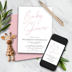 Rosa handskriven font Baby Shower för flicka Inbjudningar