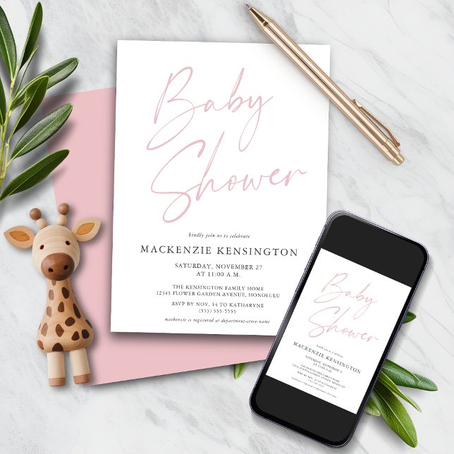 Rosa handskriven font Baby Shower för flicka Inbjudningar (Blush Pink Handwritten Script Baby Girl Shower Invitation with Instant download option)