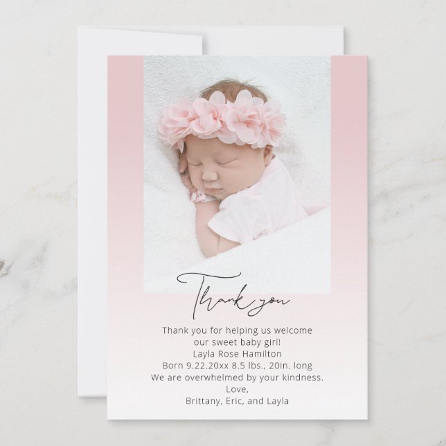 Rosa Handskriven kallgrafi Fotobabyskor Tack Kort (Framsida)
