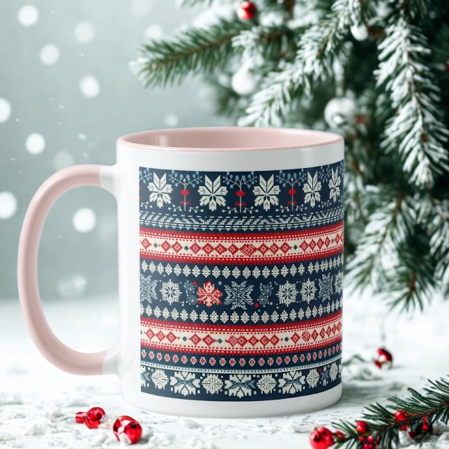Rosa Handtag Fula Jultröja Snöflinga Mugg (Skapare uppladdad)
