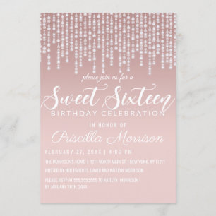  Rosa Hanging Diamond Ljus Sweet 16 Inbjudningar