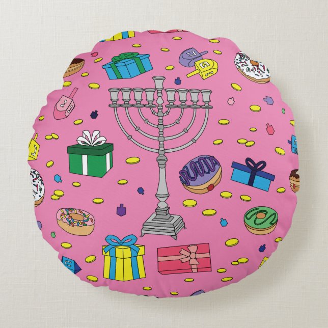 Rosa Hanukkah Mönster Rund Kudde (Framsidan)