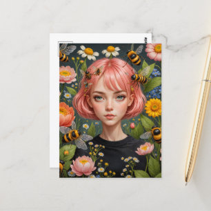 Rosa Hår och blommor med bin Vykort