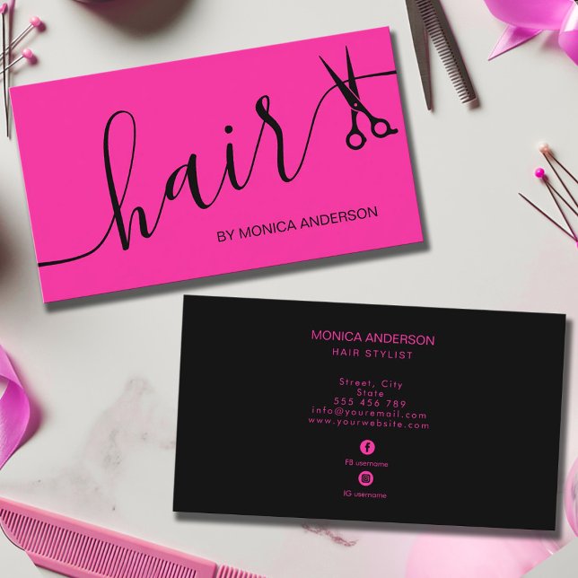 Rosa hår Script Stylist Sax Personlig Visitkort (Hot Pink Hair Script Stylist Scissors Personalized Business Card)