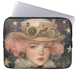 Rosa-hårade Steampunk Young Vuxen Woman Laptop Fodral