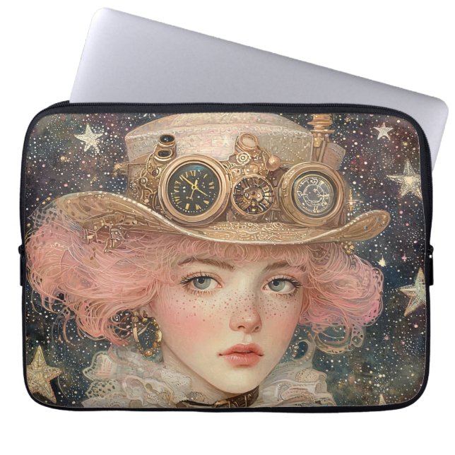 Rosa-hårade Steampunk Young Vuxen Woman Laptop Fodral (Framsidan)