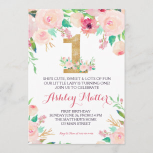 Rosa härlig blom- inbjudan för första födelsedag,