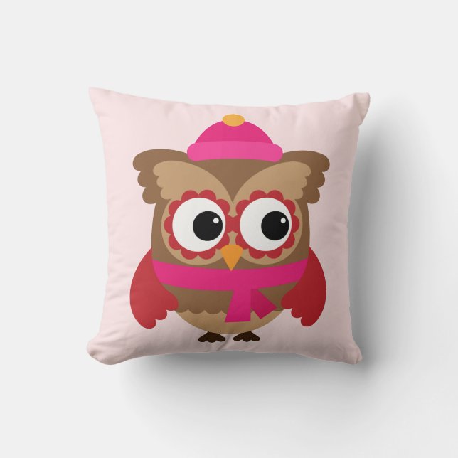 Rosa Hat Uggla med Rosa Scarf Pillow Kudde (Framsida)