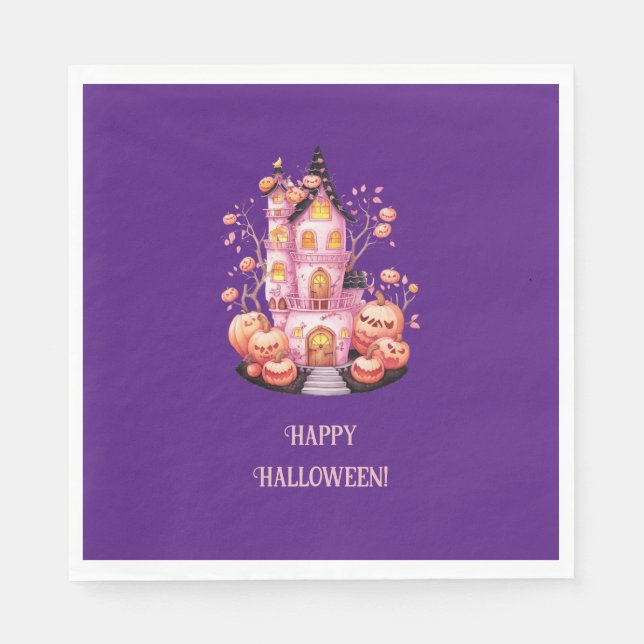 Rosa Haunted Castle Halloween fest Napkin Pappersservett (Framsidan)