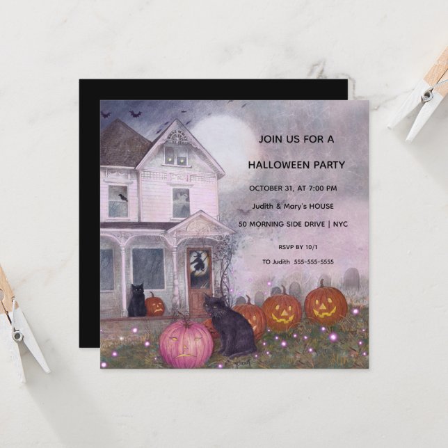 Rosa Haunted House Black Cat Halloween fest Inbjudningar (Fram/Back In Situ)