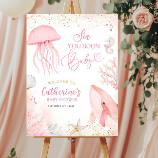 Rosa havet ser dig snart Baby Shower välkomstskylt Poster