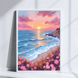 Rosa havssolnedgång Akvarell Blommor Målning Poster