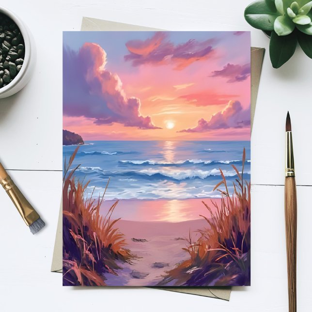 Rosa havssolnedgång strand akvarellmålning vykort (Skapare uppladdad)