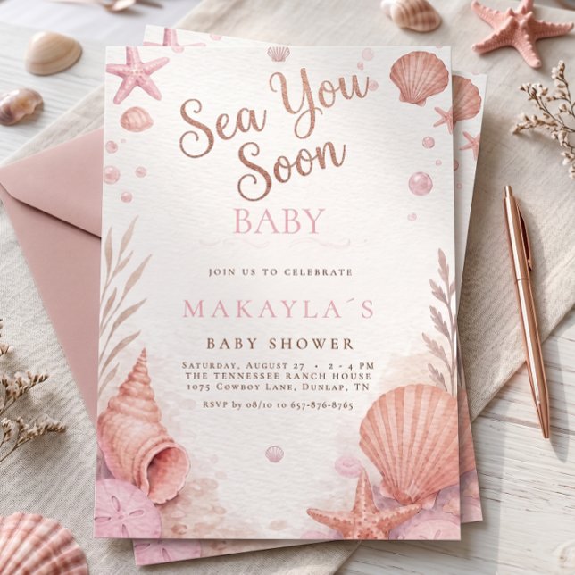 Rosa havsstrandflicka baby shower inbjudningar (Skapare uppladdad)