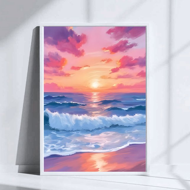 Rosa havsvågor solnedgång akvarell poster (Skapare uppladdad)