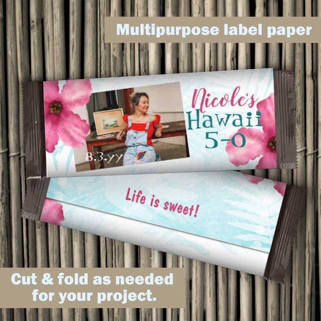 Rosa Hawaii 5-0 50:e födelsedagen Candy Pub Wrappe (pink turquoise hawaii 5-0 50th birthday party chocolate candy bar wrappers, personalized customized)