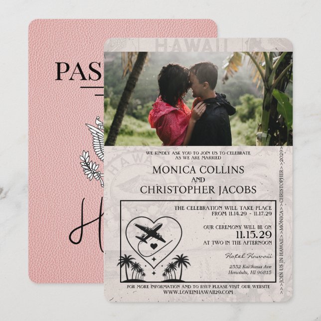 Rosa Hawaii Passport Wedding bjudande Inbjudningar (Fram/baksida)