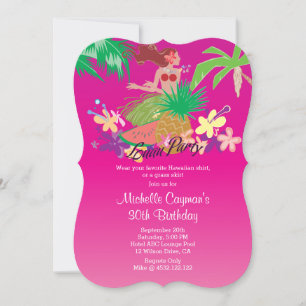 Rosa Hawaiian Luau-Födelsedagsfest Inbjudningar